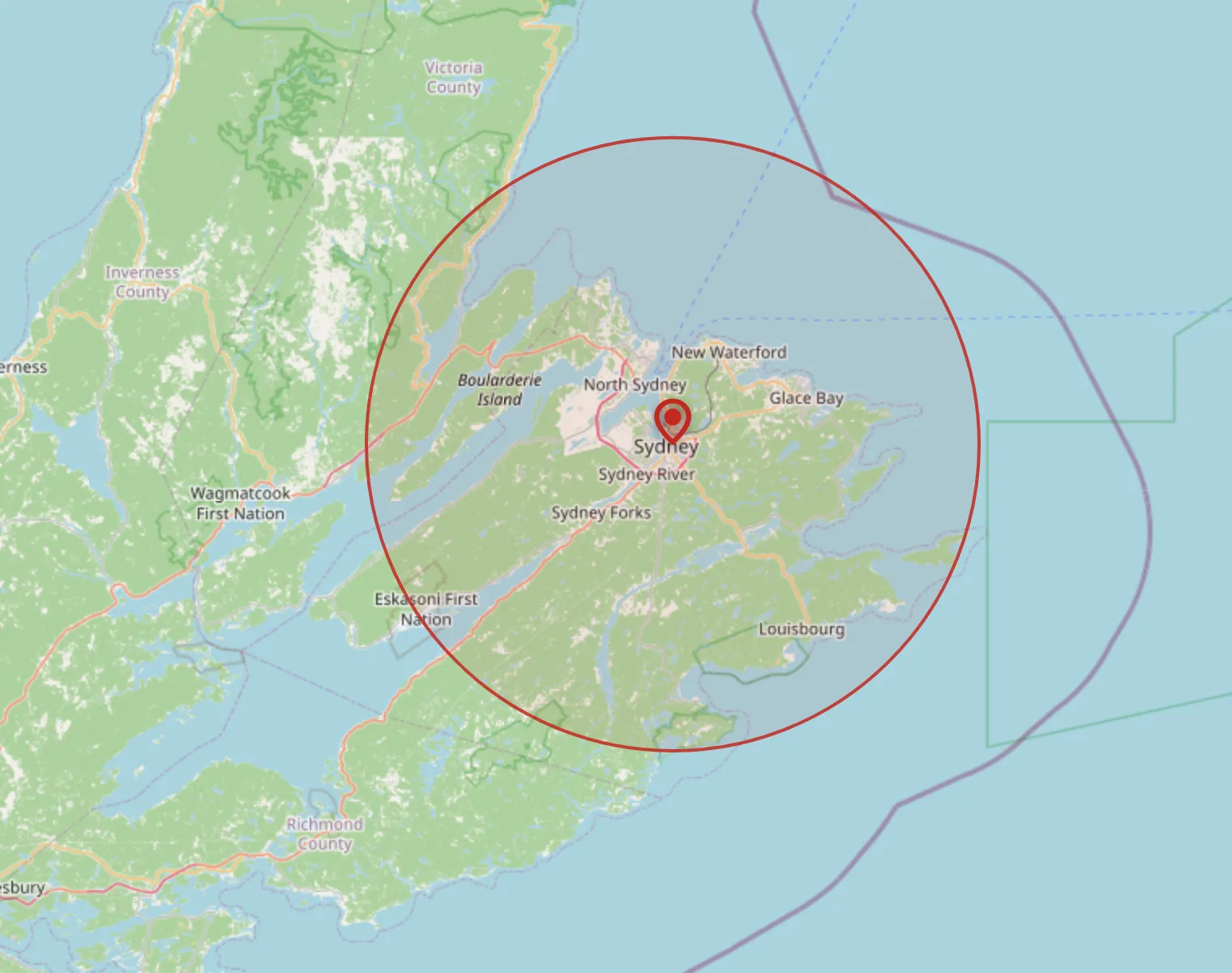 Map of Cape Breton showing the 40 km standard service zone circled around the shop in Sydney